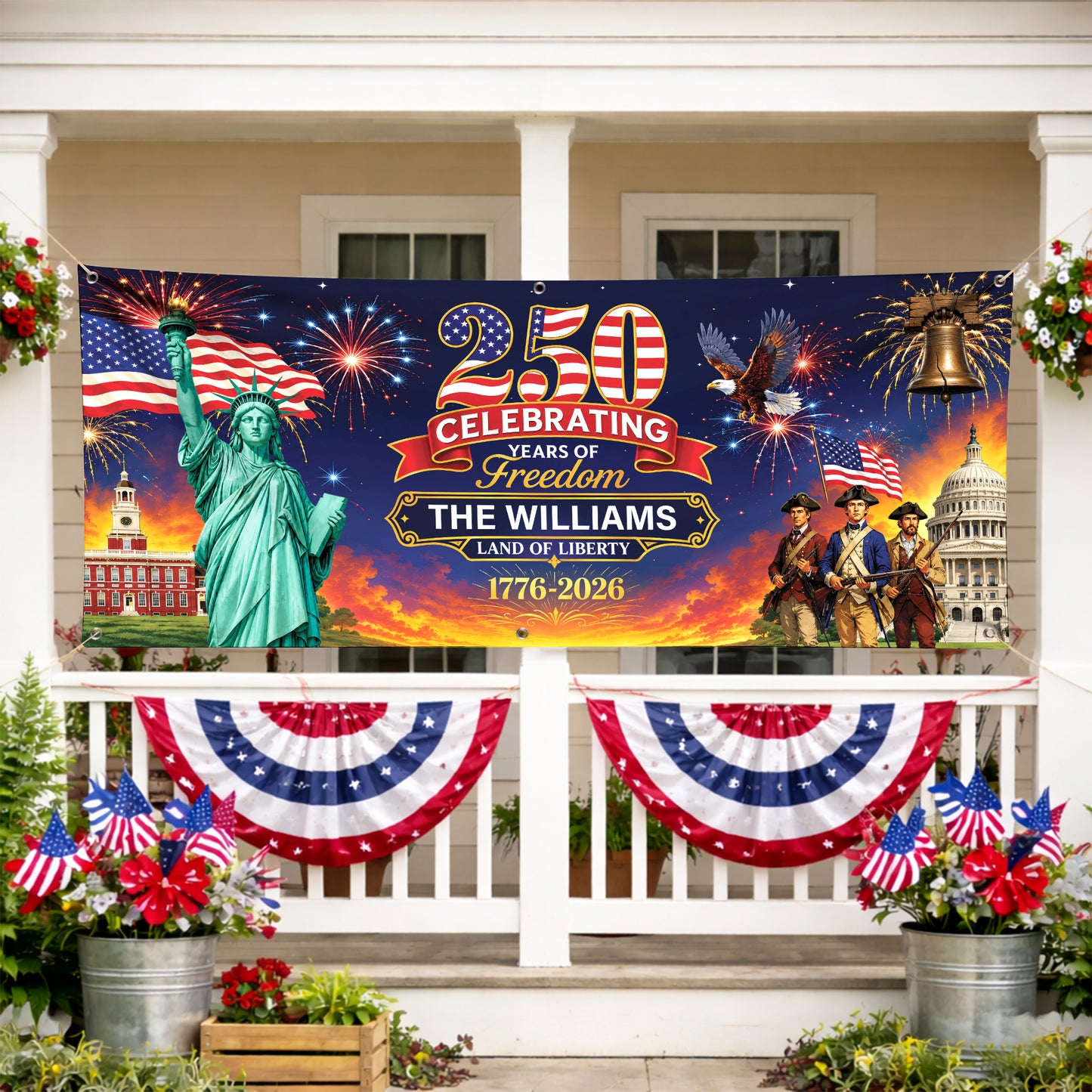 Personalized Banner 250 Years of Freedom Liberty & Heritage Fireworks Patriotic Independence Day