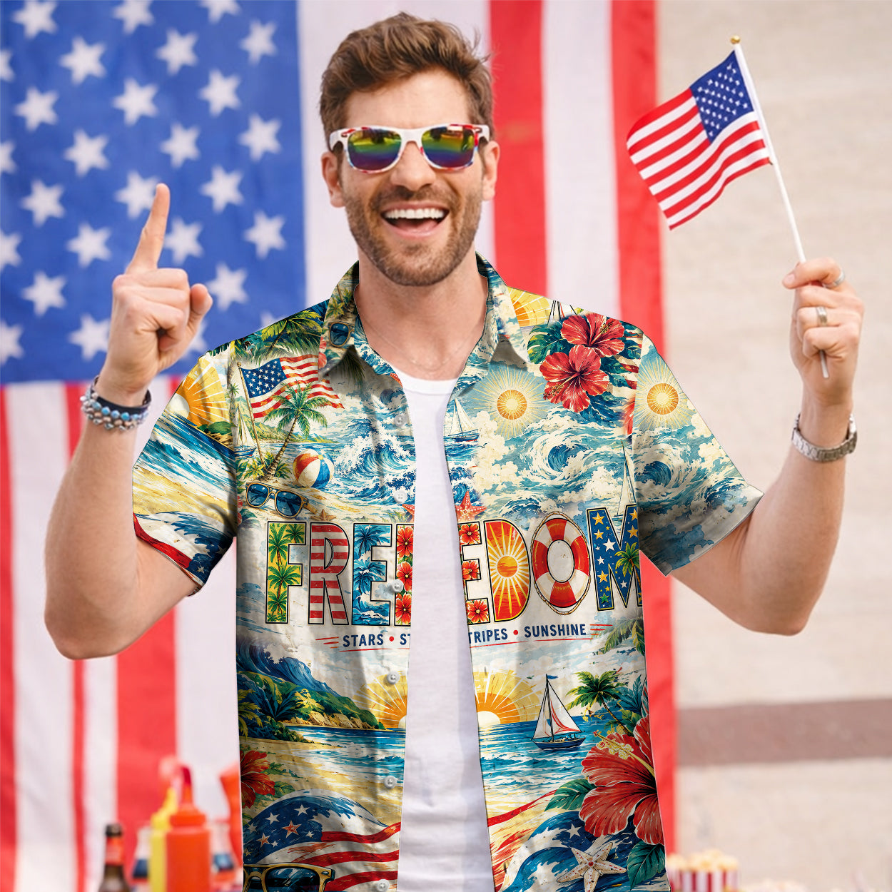 Freedom Stars Stripes Sunshine Hawaiian Shirt - Patriotic Aloha Top