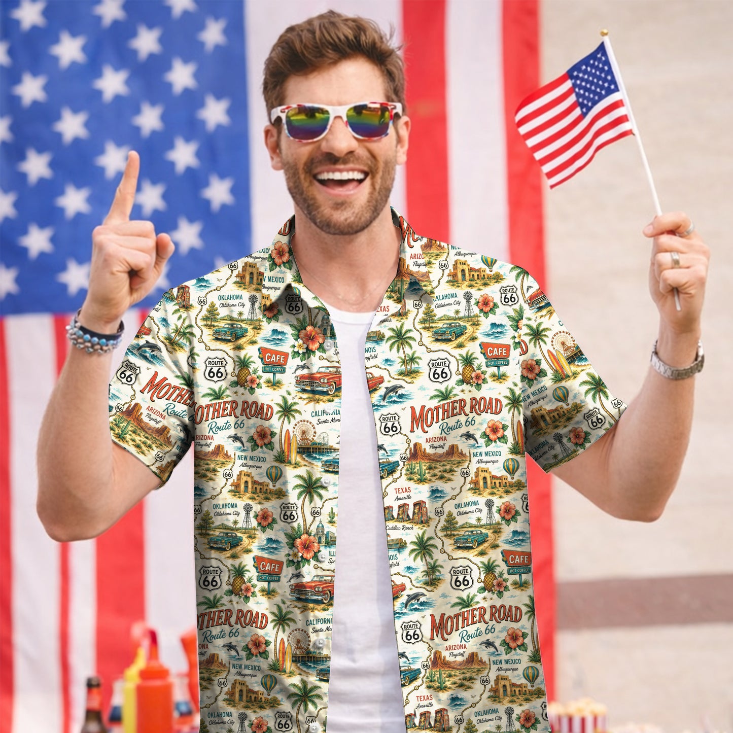 Route 66 Mother Road Map Classic Car Unisex Hawaiian Shirt