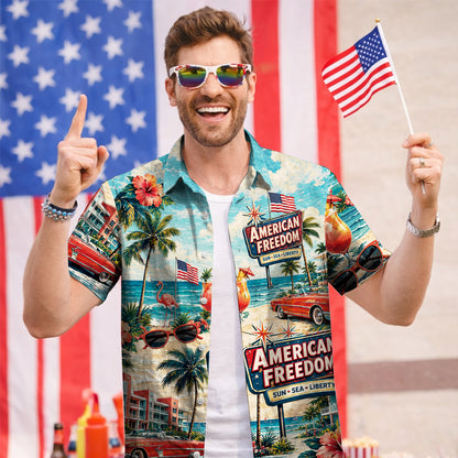American Freedom Sun Sea Liberty Hawaiian Shirt - Vintage Beach Top