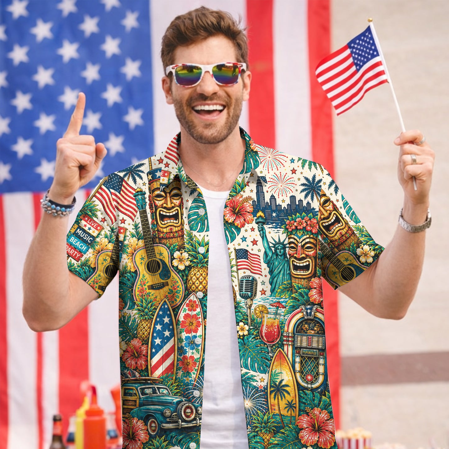 Patriotic Tiki Mask Jukebox Music Beach Unisex Hawaiian Shirt