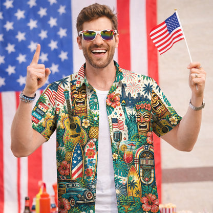 Patriotic Tiki Mask Jukebox Music Beach Unisex Hawaiian Shirt