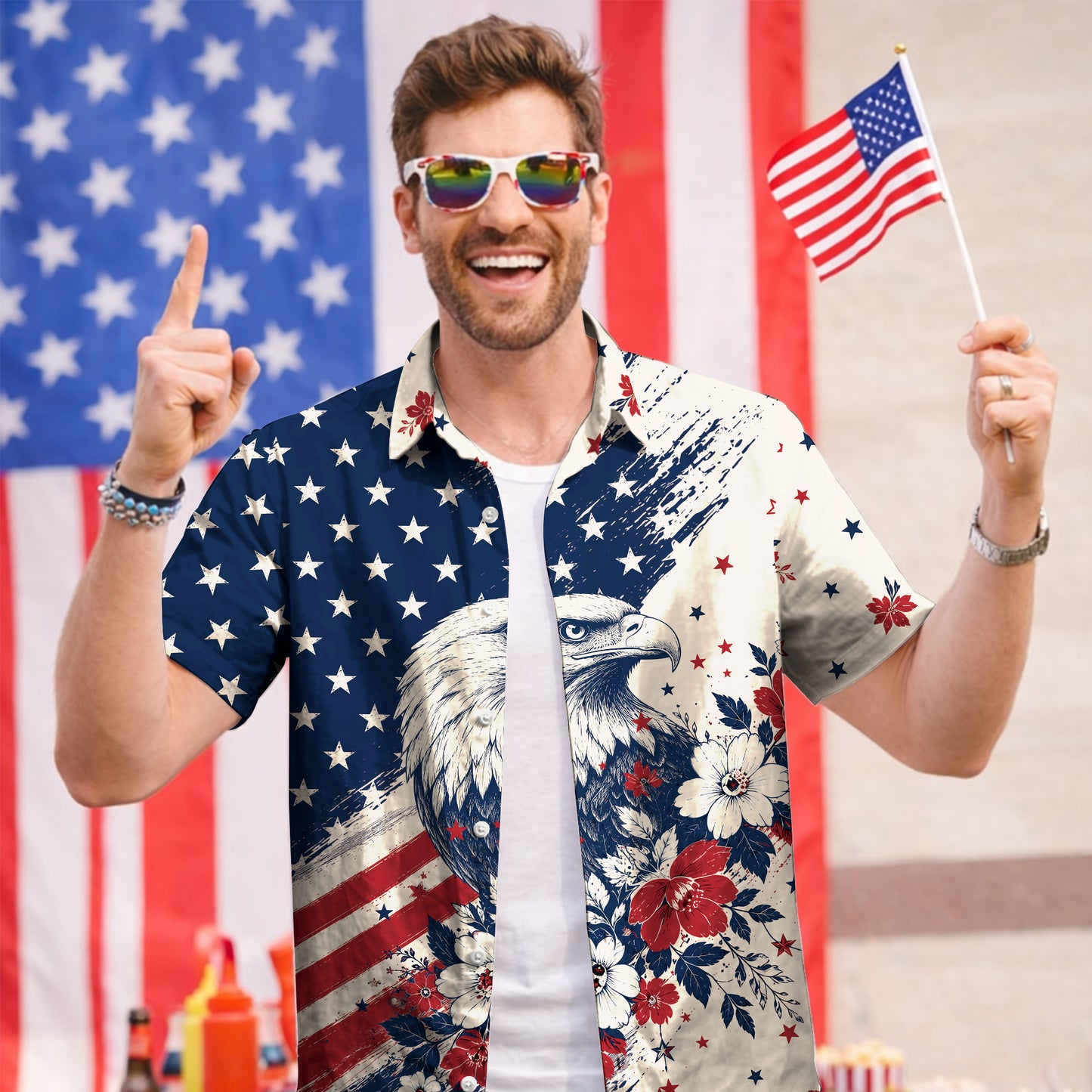 American Flag Bald Eagle Hawaiian Shirt - Men's Floral Aloha Top