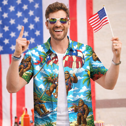 Funny Sasquatch Bigfoot Patriotic Beach Unisex Hawaiian Shirt