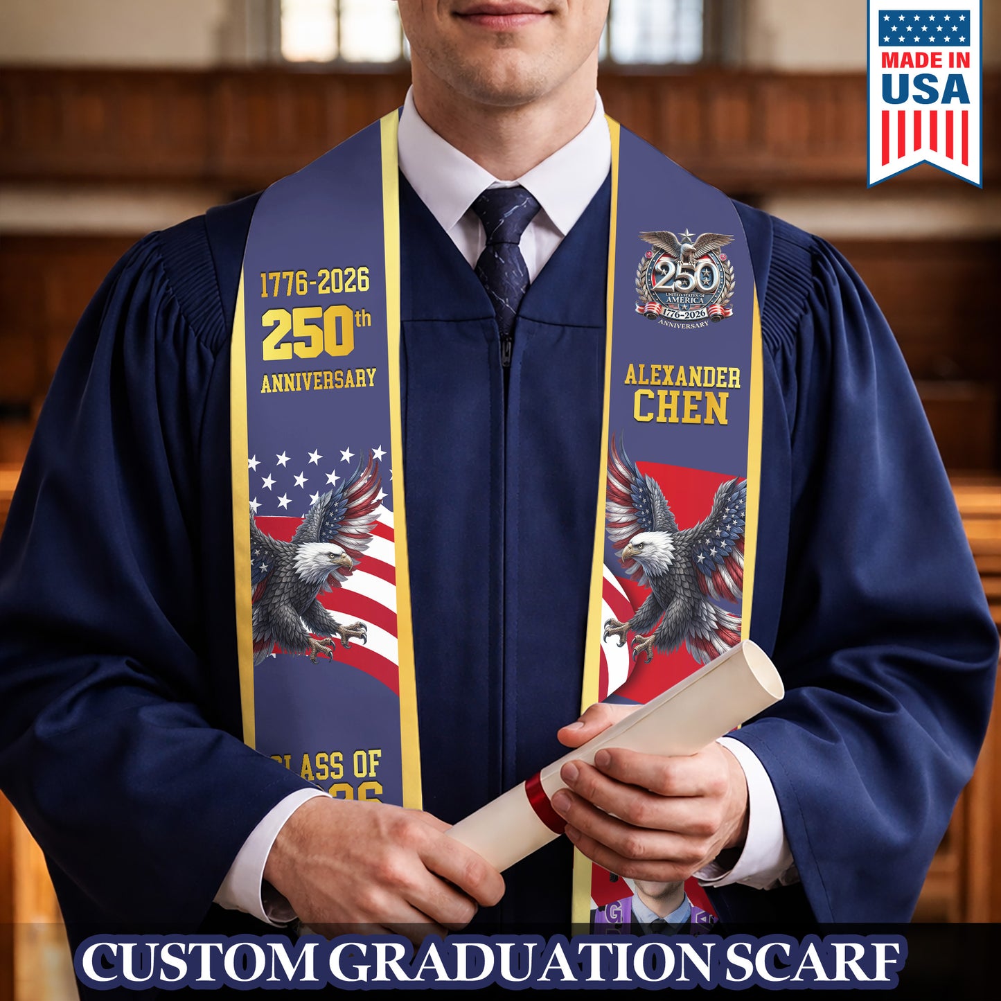 Custom Photo Class Of 2026 With America 250 Years Graduation Stole