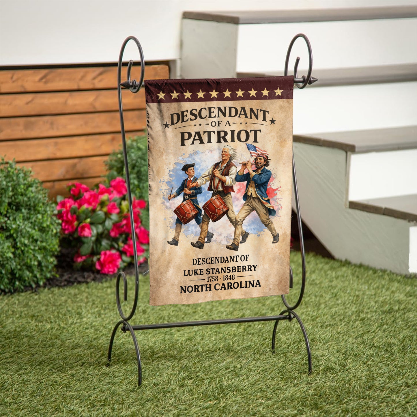 Personalized Descendant of a Patriot Spirit of 76 - USA 250th Anniversary Garden Flag