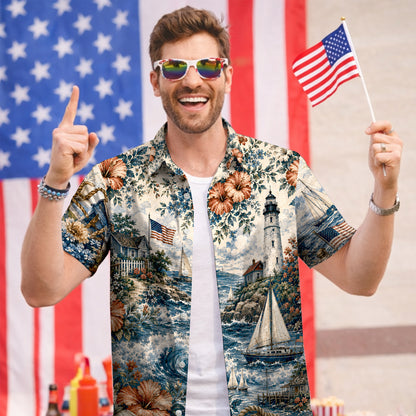 Coastal Lighthouse Sailboat Patriotic Unisex Hawaiian Shirt