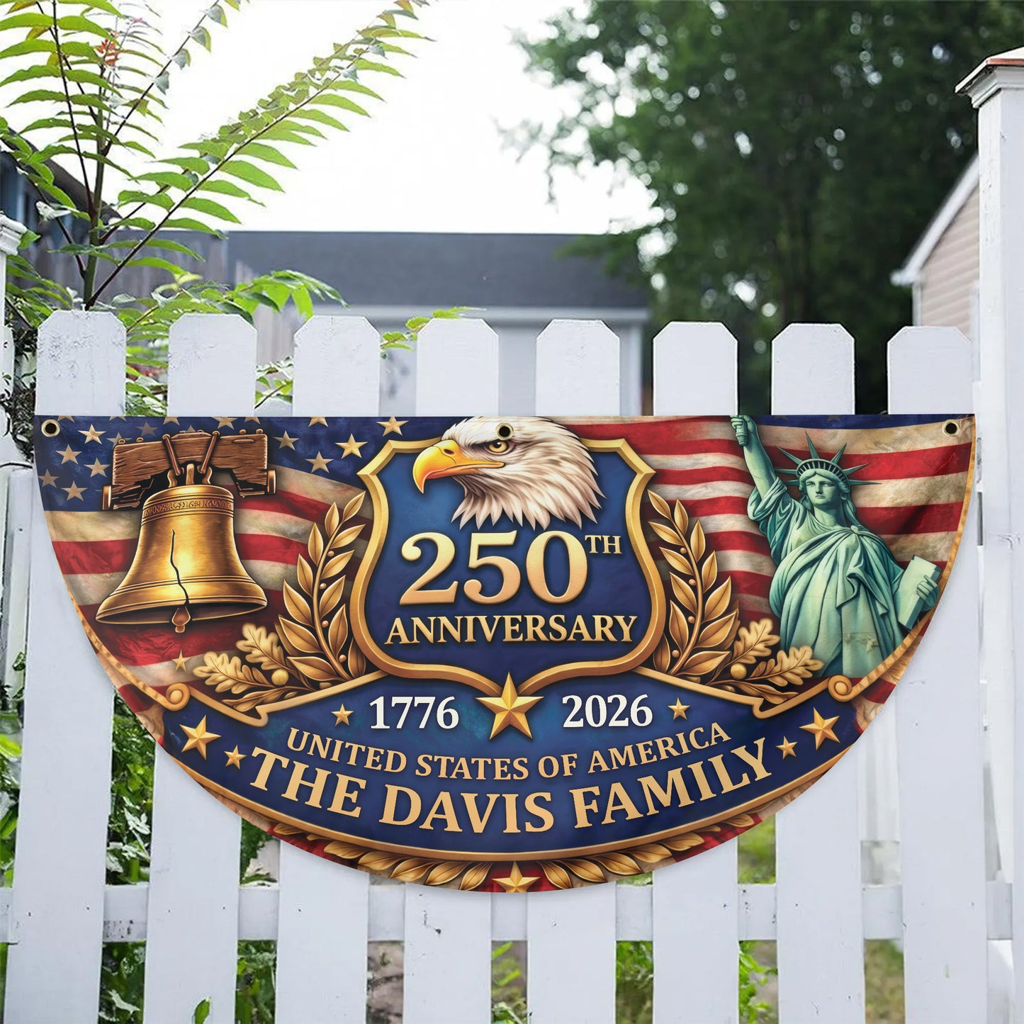 Personalized 250th Anniversary USA Flag – Custom Family Name, Eagle, Liberty Bell, 1776-2026