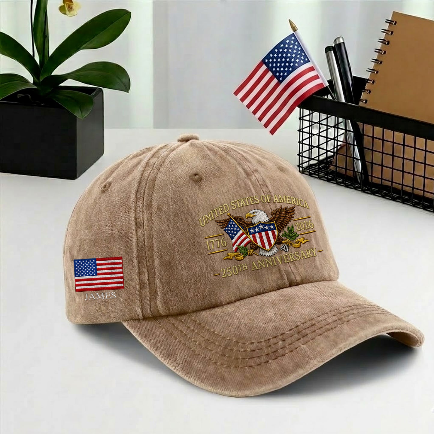 Personalized American Eagle and US Flag Printed Vintage Washed Baseball Cap | 250th Anniversary Hat