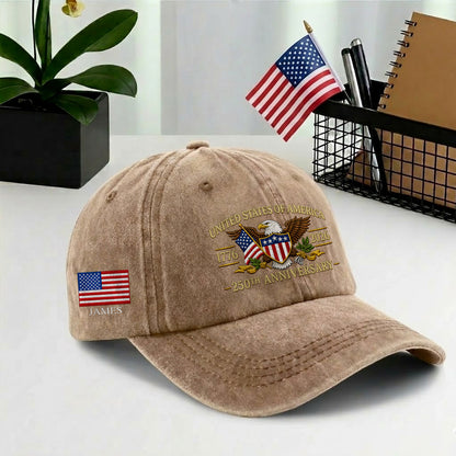 Personalized American Eagle and US Flag Printed Vintage Washed Baseball Cap | 250th Anniversary Hat