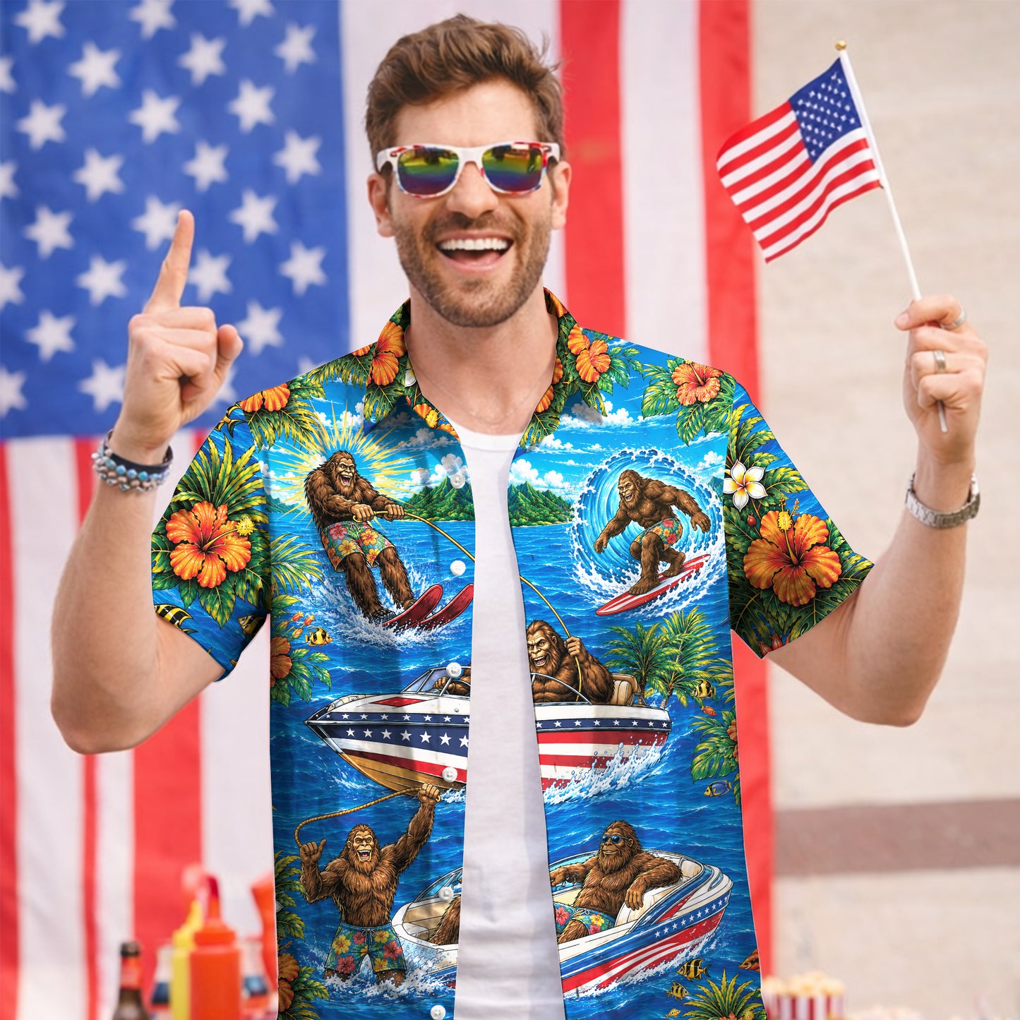 Funny Sasquatch Bigfoot Patriotic Beach Unisex Hawaiian Shirt