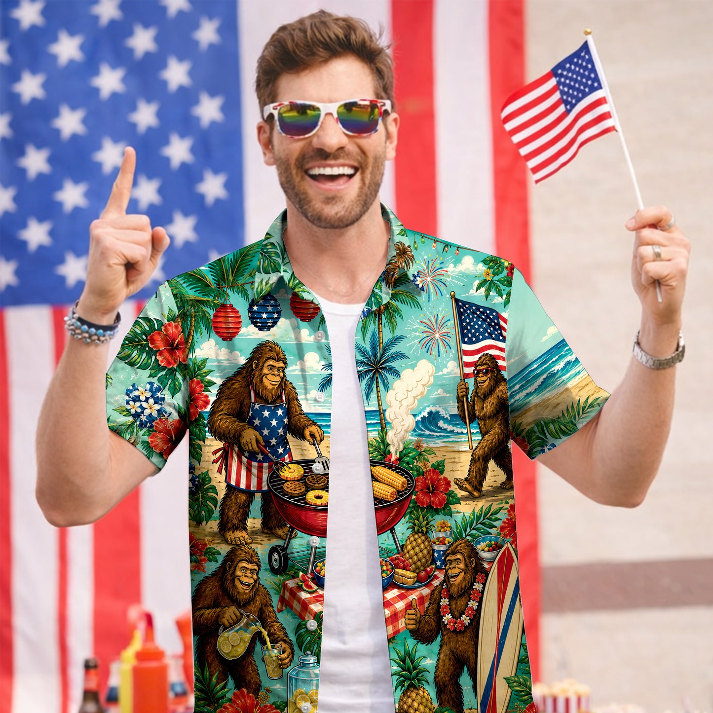 Funny Bigfoot BBQ Patriotic 4th Of July Unisex Hawaiian Shirt