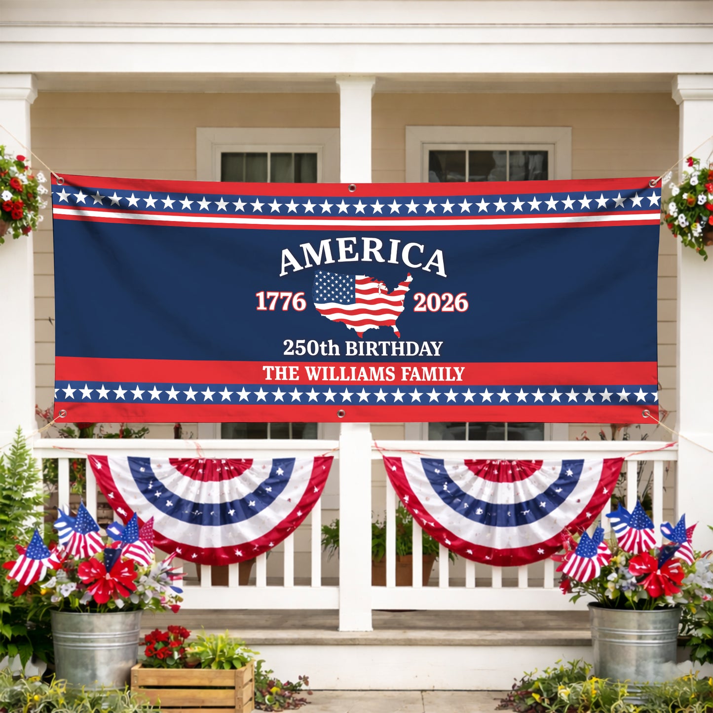 Custom USA 250th Birthday Banner – Personalized American Flag Family Name 1776–2026