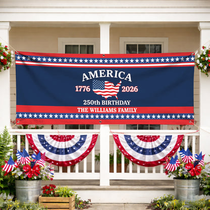 Custom USA 250th Birthday Banner – Personalized American Flag Family Name 1776–2026