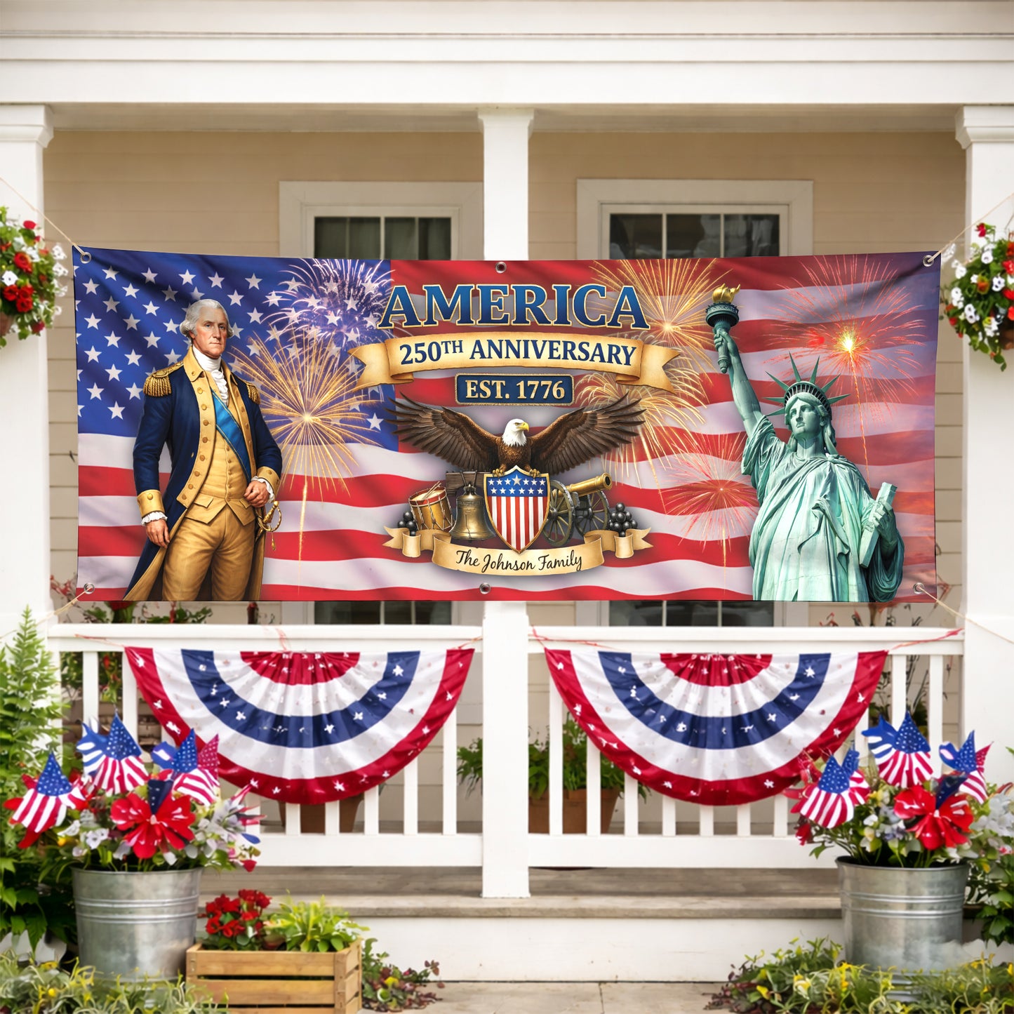 Custom USA 250th Anniversary Banner – George Washington & Liberty Patriotic Family Name Flag