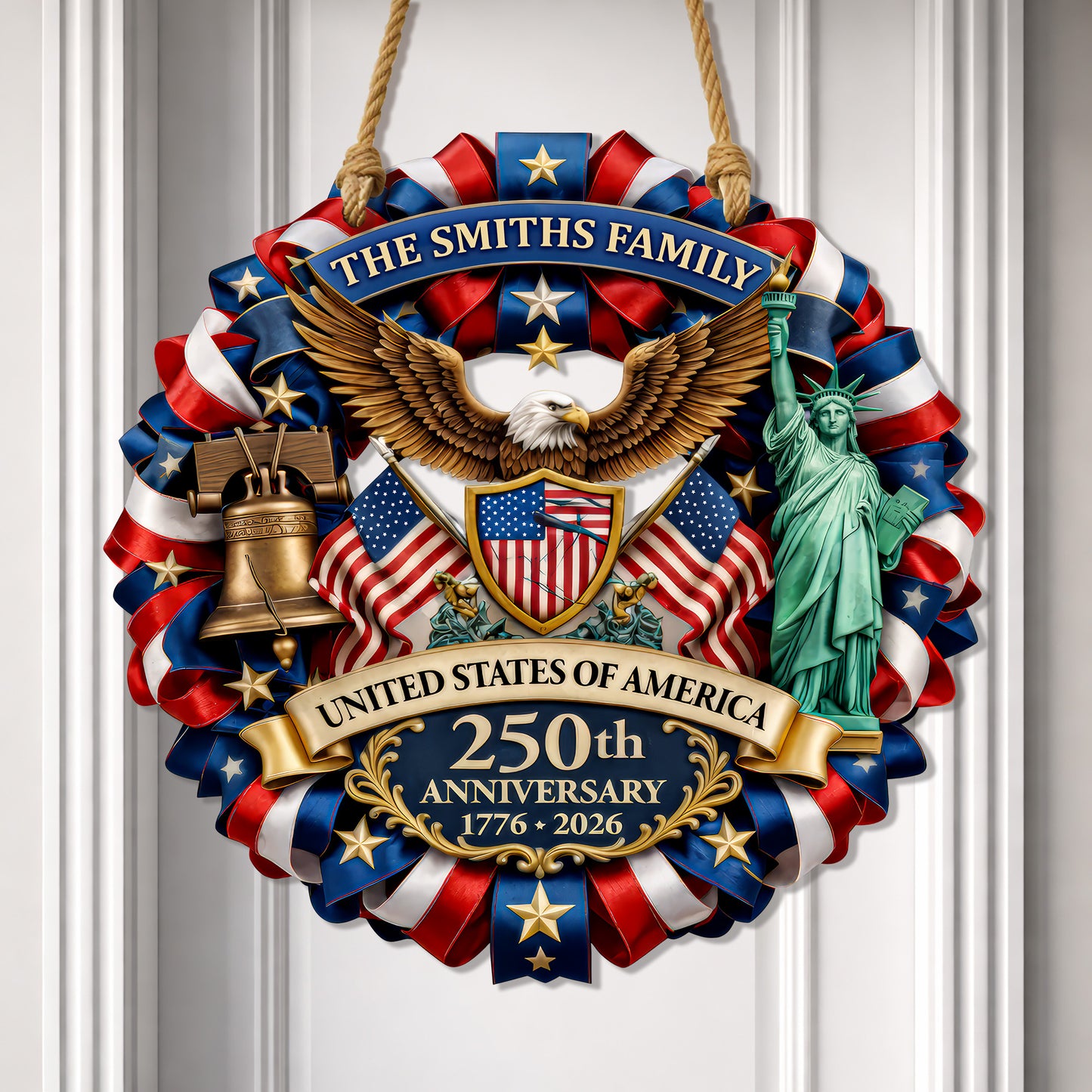 Personalized 250th Anniversary USA Wood Sign – American Flag, Eagle & Statue of Liberty, 1776-2026