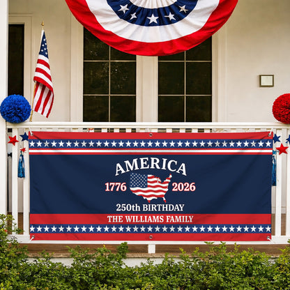 Custom USA 250th Birthday Banner – Personalized American Flag Family Name 1776–2026