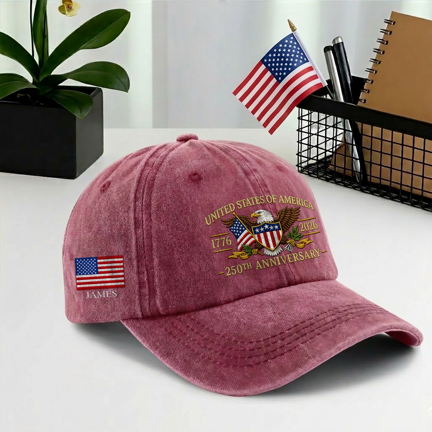 Personalized American Eagle and US Flag Printed Vintage Washed Baseball Cap | 250th Anniversary Hat