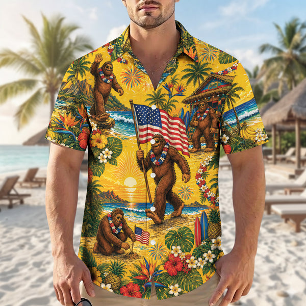 Funny Sasquatch Bigfoot Patriotic Beach Unisex Hawaiian Shirt