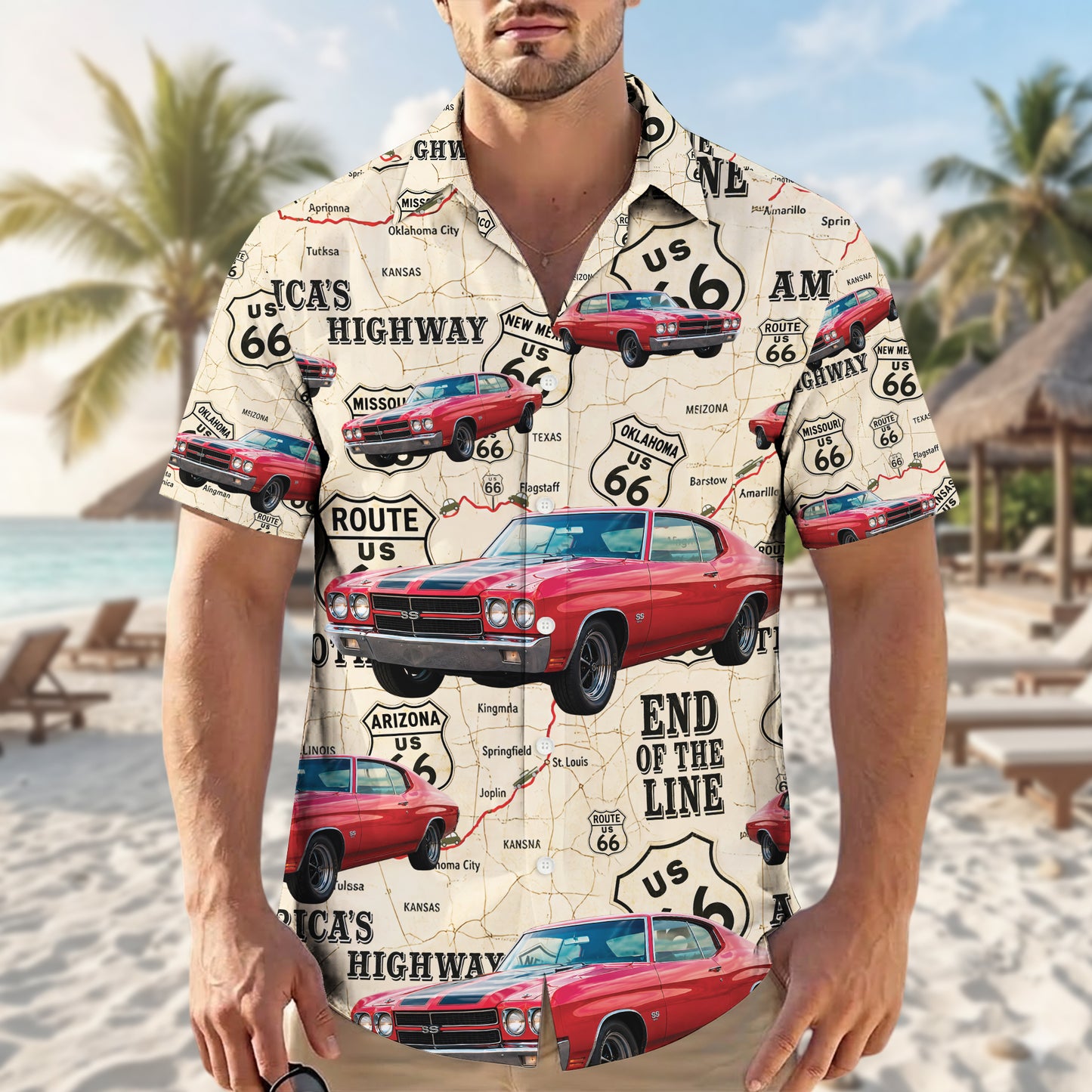 Route 66 Highway Map Vintage Muscle Car Unisex Hawaiian Shirt