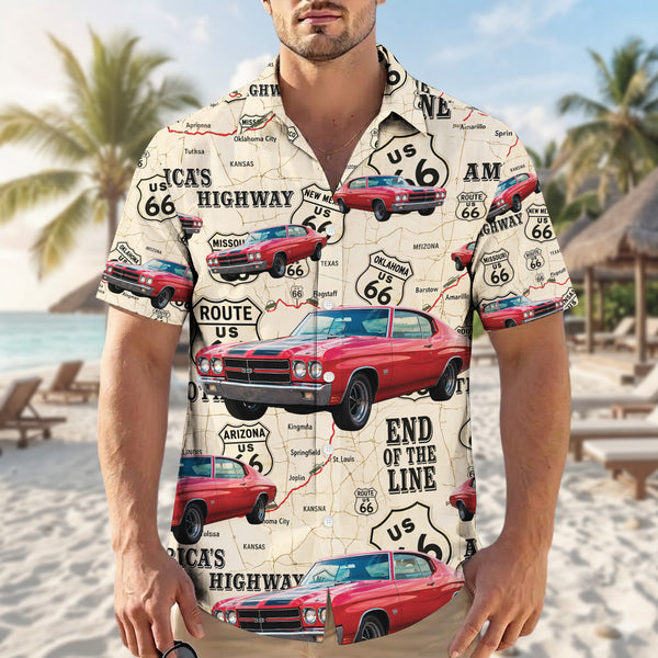 Route 66 Highway Map Vintage Muscle Car Unisex Hawaiian Shirt