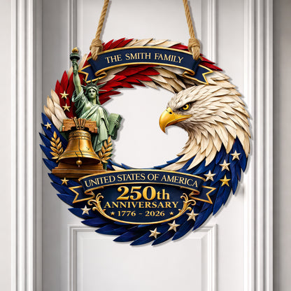 Custom Wood Sign, 250th Anniversary Gift Patriotic Eagle Family Name Door Hanger