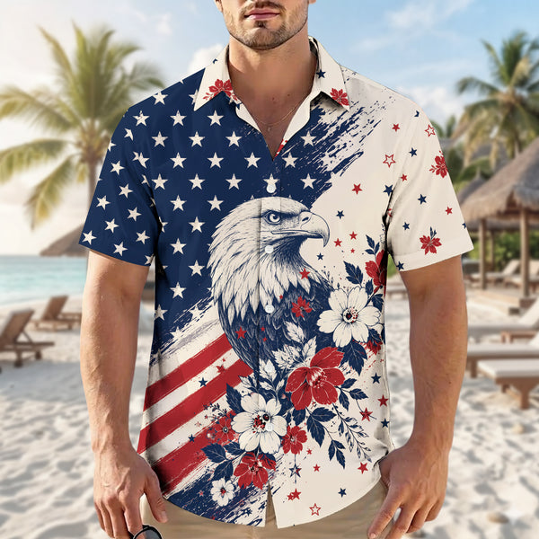 American Flag Bald Eagle Hawaiian Shirt - Men's Floral Aloha Top