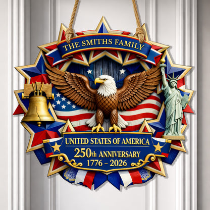 Custom Wood Sign 250th Anniversary Gift for Family 1776-2026 Patriotic Eagle