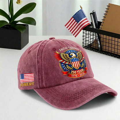 Personalized Eagle Faith Freedom USA Printed Vintage Washed Baseball Cap | 250th Anniversary Hat