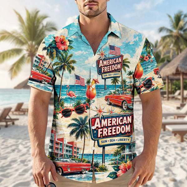 American Freedom Sun Sea Liberty Hawaiian Shirt - Vintage Beach Top