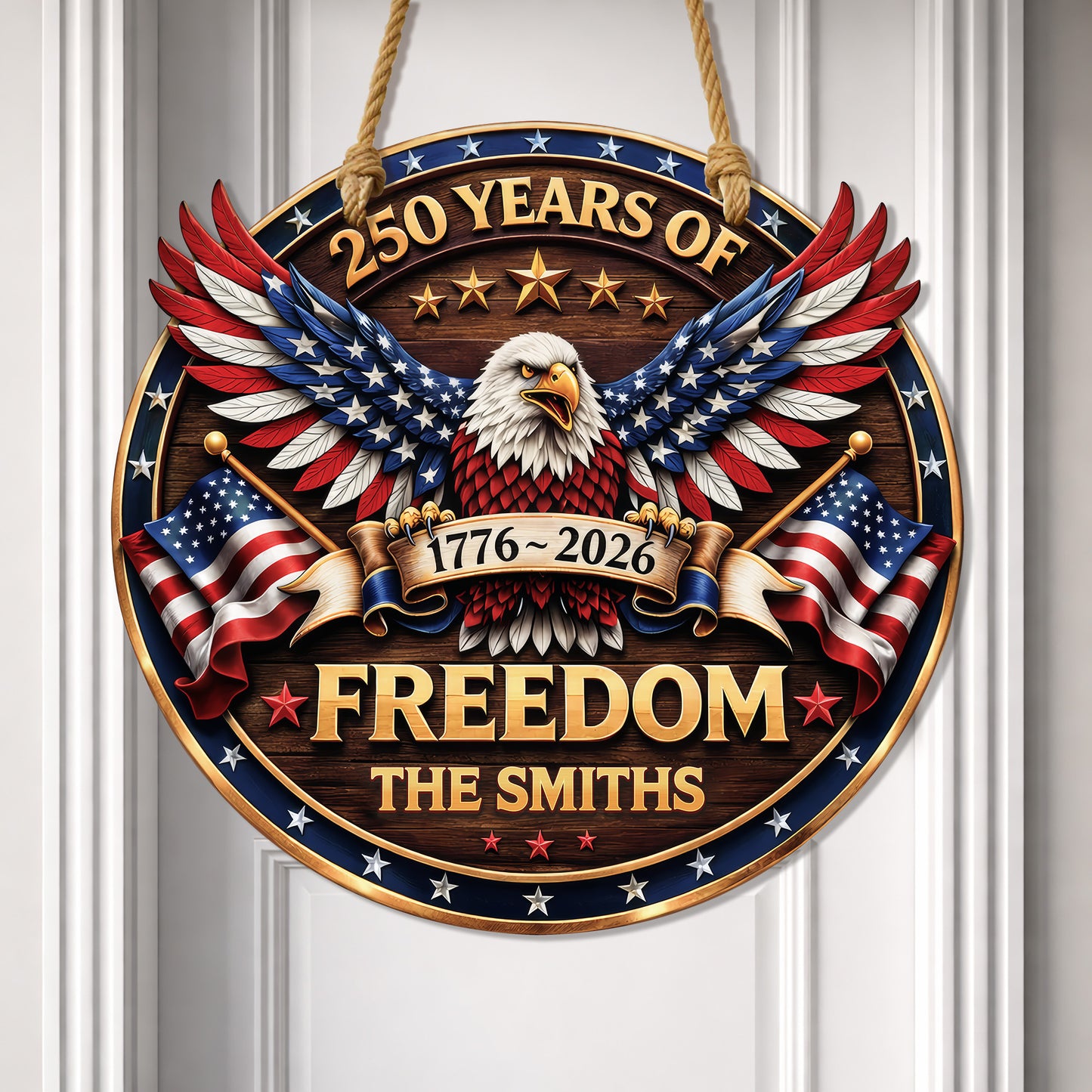 Custom Wood Sign 250th Anniversary Gift, Patriotic Family Name Freedom Door Hanger