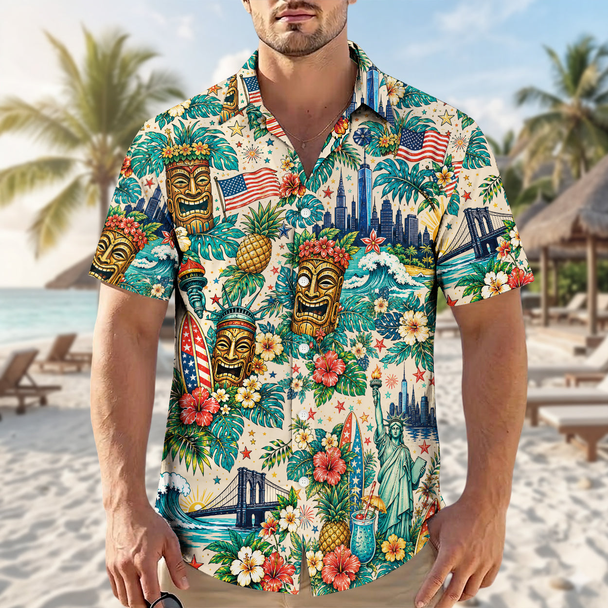 Statue Of Liberty Tiki Mask NYC Patriotic Unisex Hawaiian Shirt
