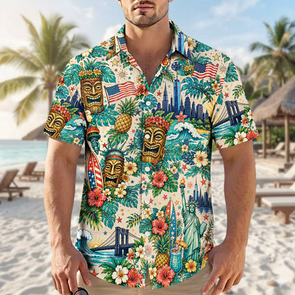 Statue Of Liberty Tiki Mask NYC Patriotic Unisex Hawaiian Shirt