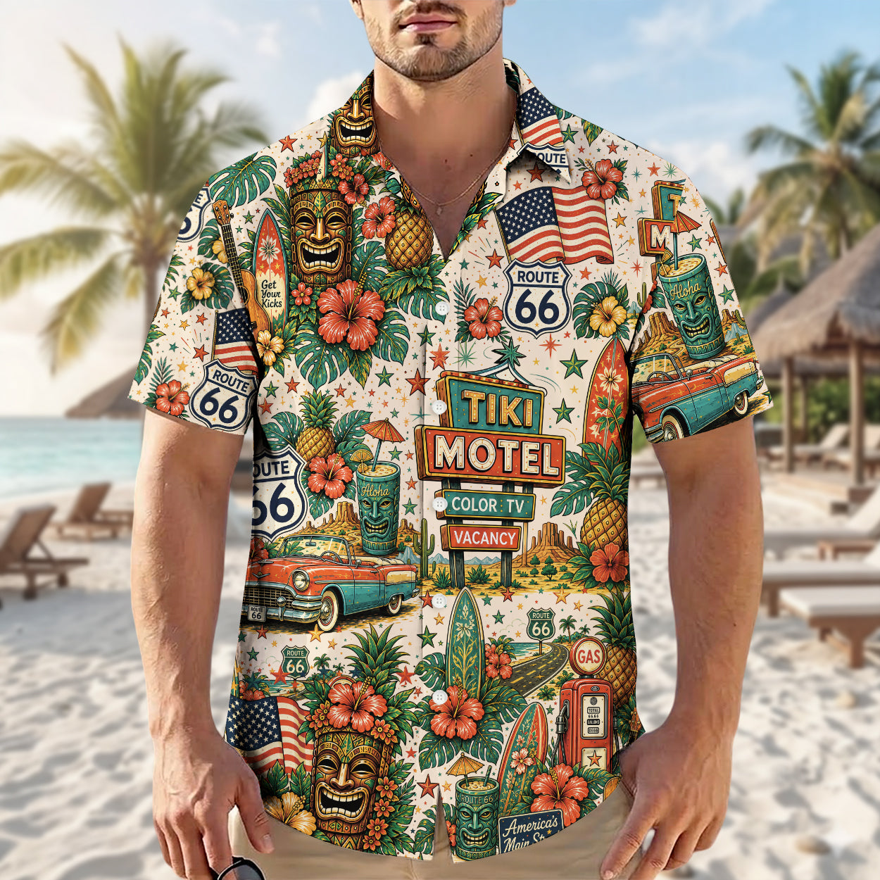 Route 66 Tiki Motel Tropical Vintage Unisex Hawaiian Shirt