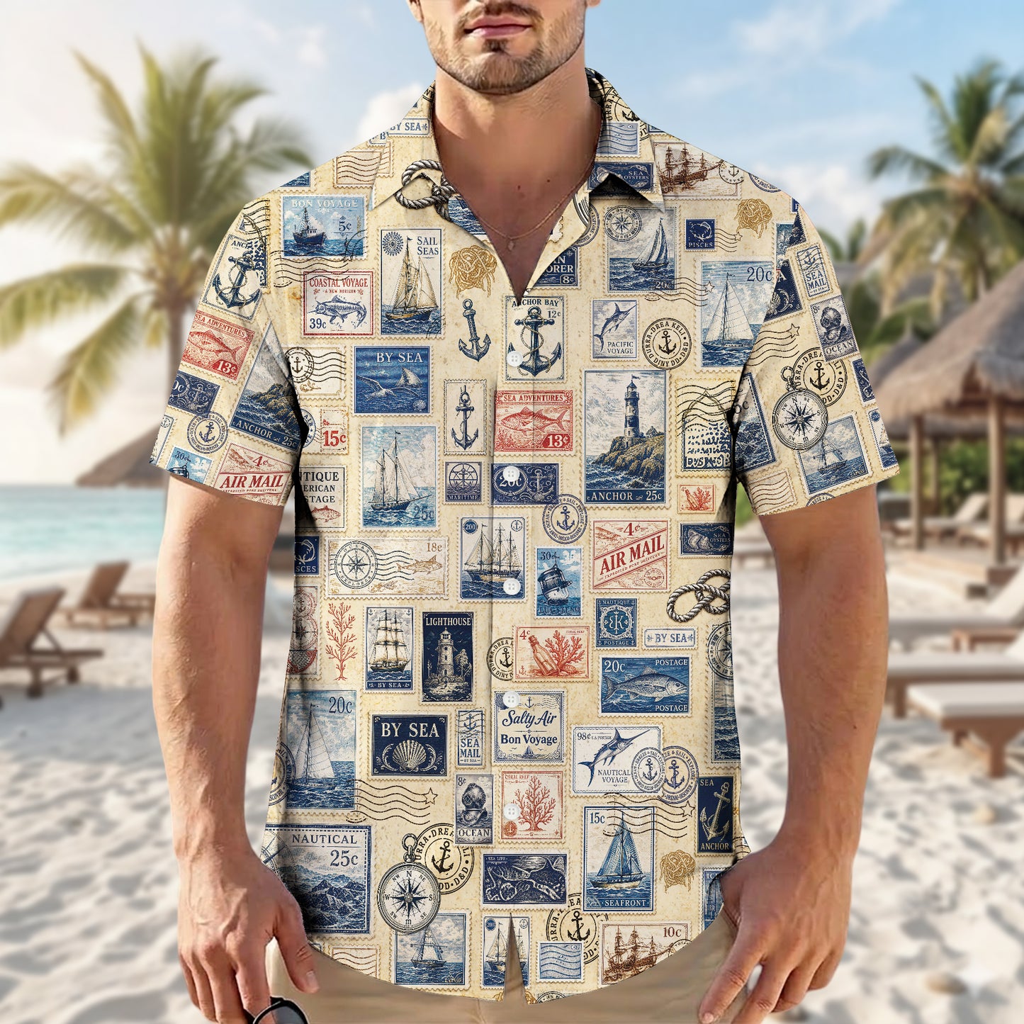 Vintage Nautical Postage Stamp Hawaiian Shirt - Aloha Top