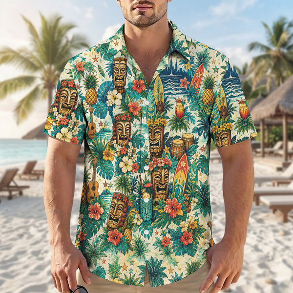 Vintage Tiki Mask Tropical Hawaiian Shirt - Luau Beach Top
