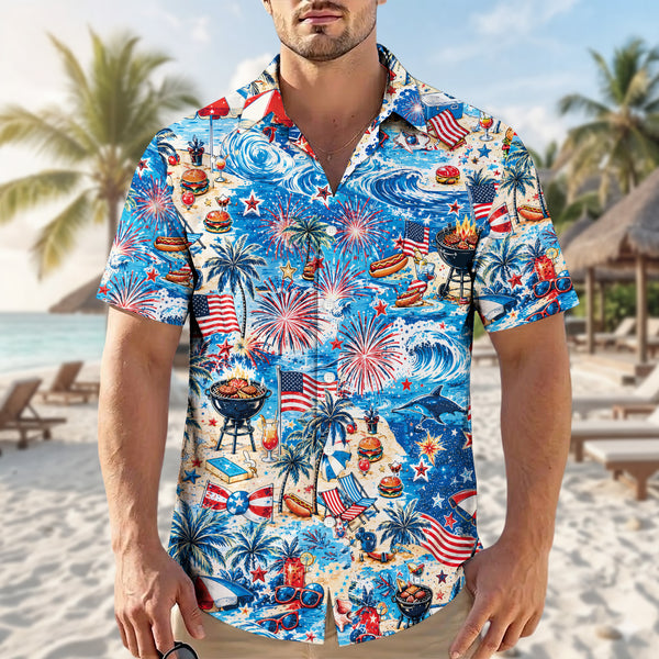 4th of July BBQ Fireworks Hawaiian Shirt - Men's Aloha Top