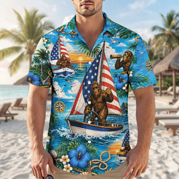 Funny Bigfoot Sailing Patriotic US Flag Unisex Hawaiian Shirt