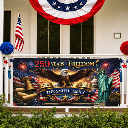 Personalized 250 Years of Freedom Banner – Patriotic USA Eagle Statue of Liberty Family Flag