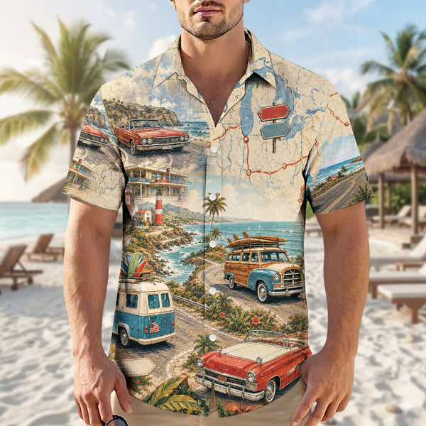 Coastal Highway Classic Car Vintage Unisex Hawaiian Shirt