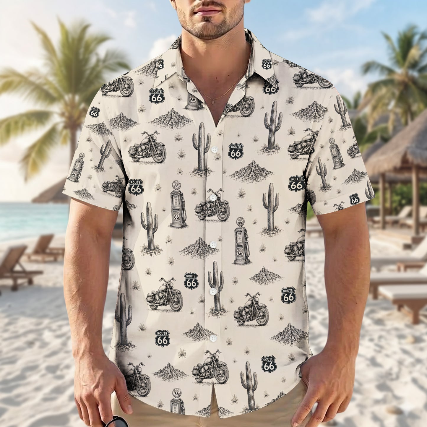 Route 66 Motorcycle Biker Vintage Sketch Unisex Hawaiian Shirt