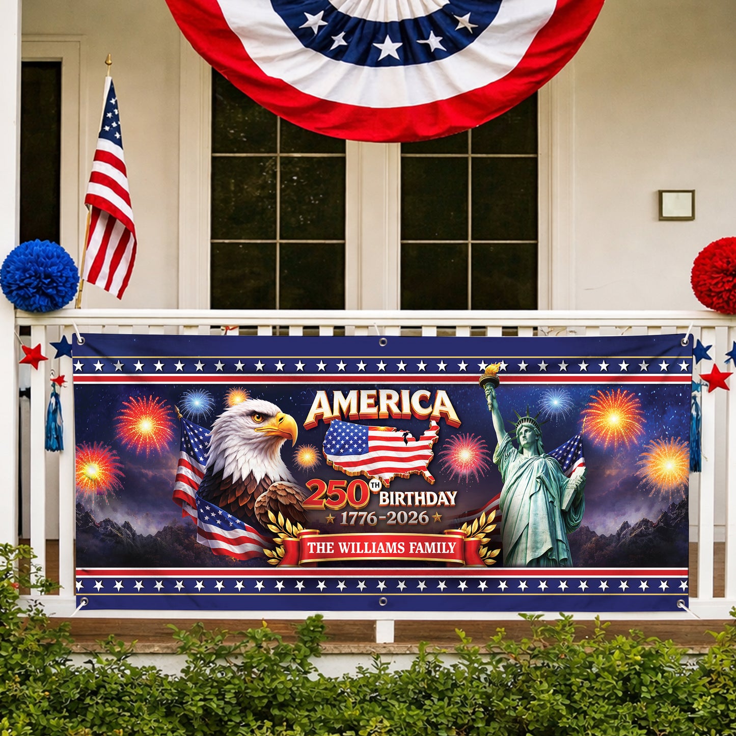Personalized America 250th Birthday Banner - Eagle, Statue of Liberty, Fireworks Patriotic 1776-2026
