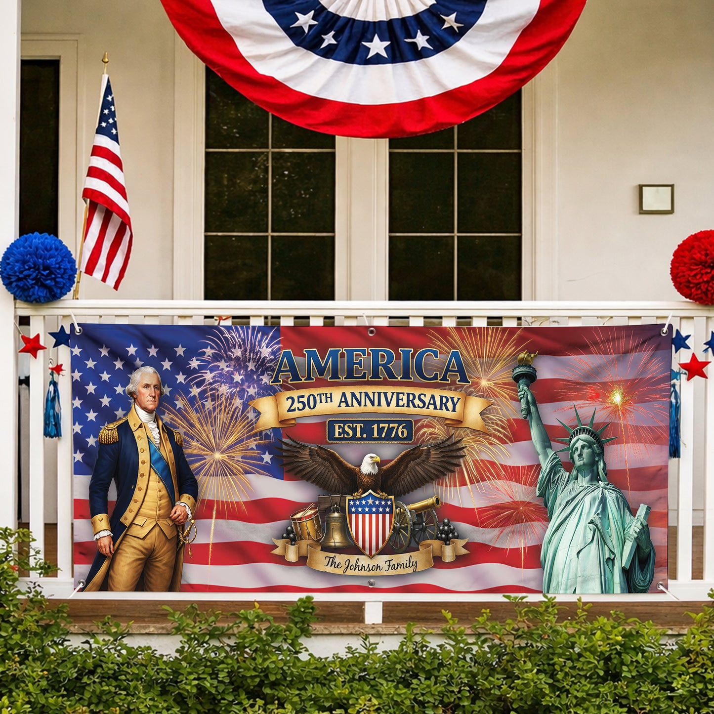 Custom USA 250th Anniversary Banner – George Washington & Liberty Patriotic Family Name Flag