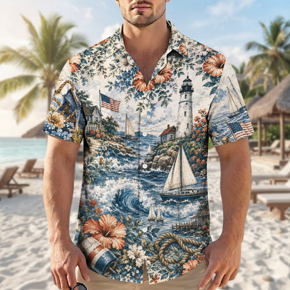 Coastal Lighthouse Sailboat Patriotic Unisex Hawaiian Shirt