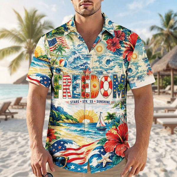 Freedom Stars Stripes Sunshine Hawaiian Shirt - Patriotic Aloha Top