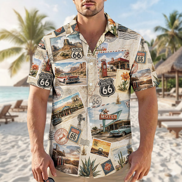Vintage Route 66 Postcard Hawaiian Shirt - Men's Aloha Top