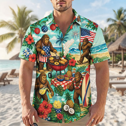 Funny Sasquatch Bigfoot Patriotic Beach Unisex Hawaiian Shirt