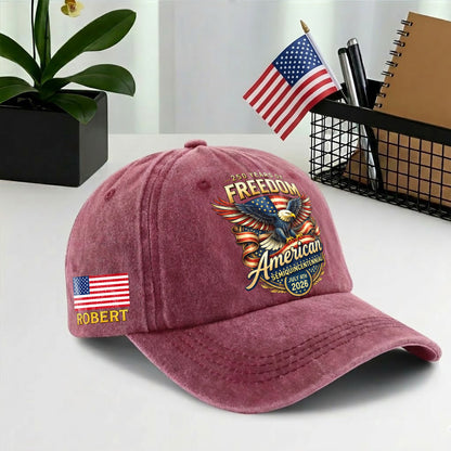 Personalized American Bald Eagle Freedom USA Printed Vintage Washed Baseball Cap | 250th Anniversary Hat