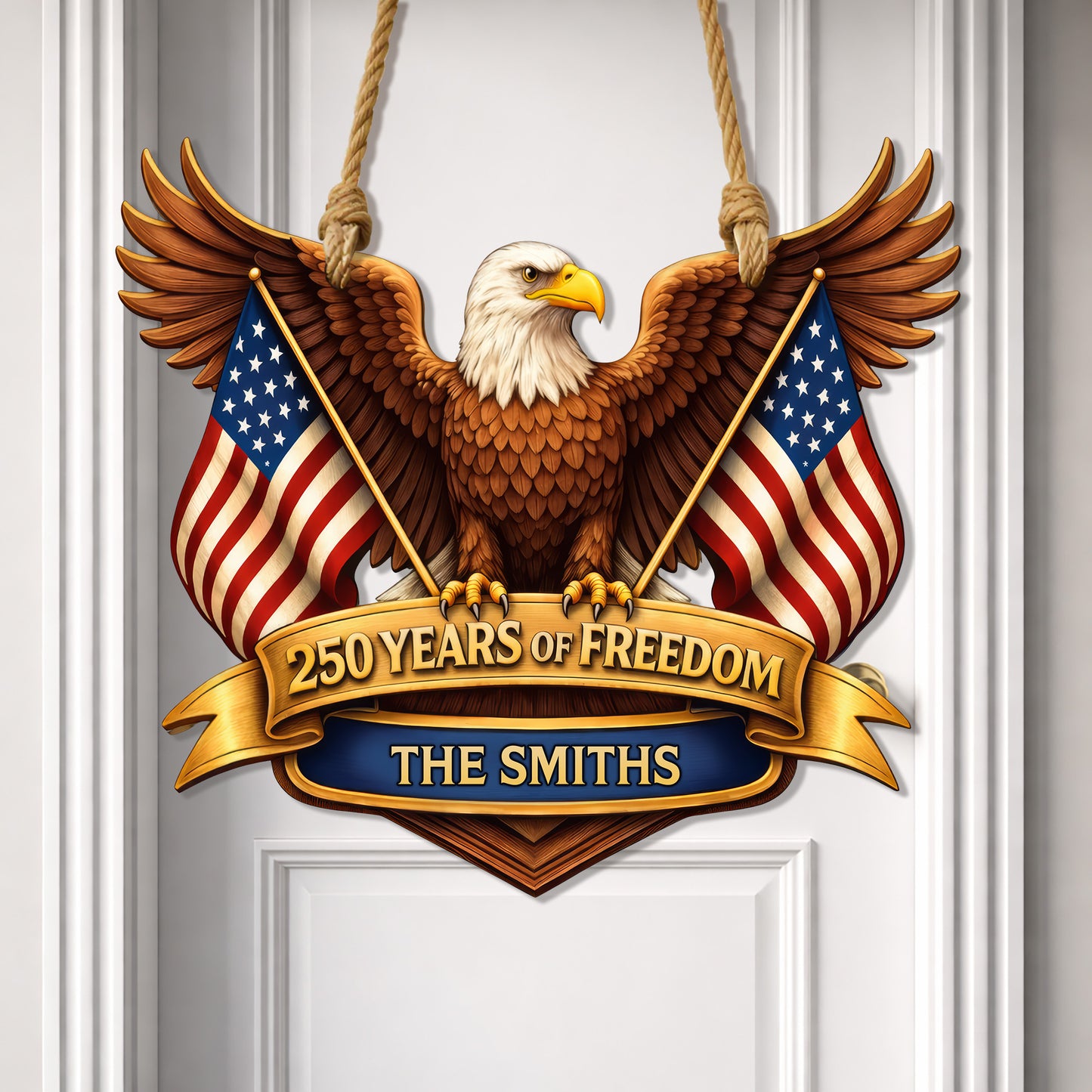 Custom Wood Sign, 250th Anniversary Gift Patriotic Eagle American Flag Family Name Decor