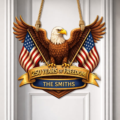 Custom Wood Sign, 250th Anniversary Gift Patriotic Eagle American Flag Family Name Decor